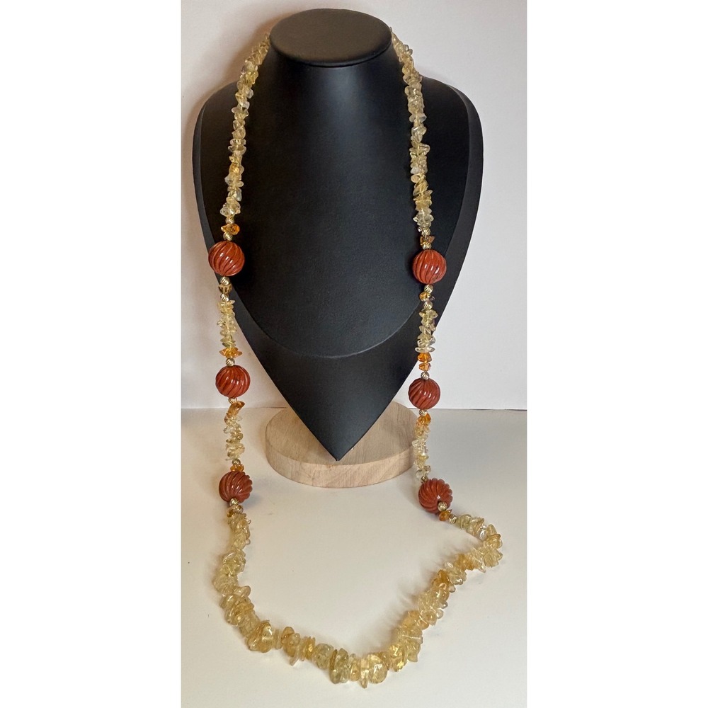 Vintage Citrine Jasper Boho Opera Necklace Carved Red Beads 40 Inch Long Heavy